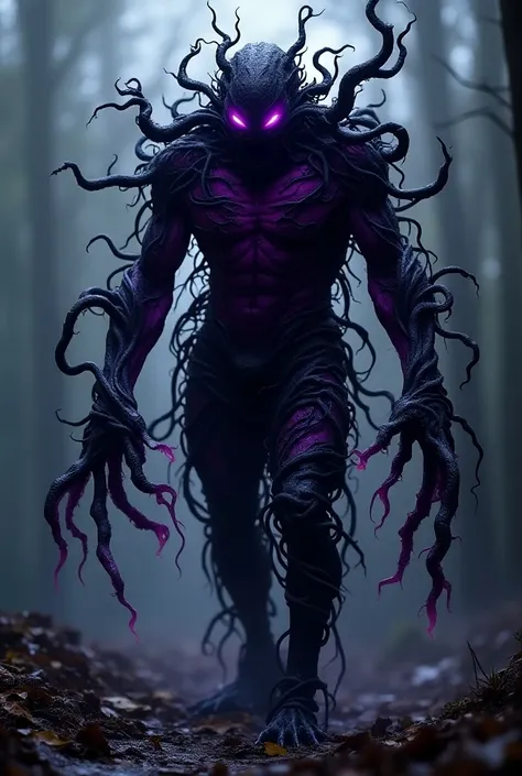 Create a photo-realistic full-body image of a creature from the Corrupted Vines tribe, an entity born from the deep corruption of El Vacío. The body is composed of thick, twisted vines and roots, all in deep shades of dark purple, violet, and black. These ...