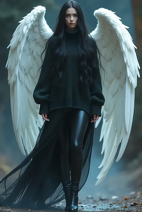 A female spirit witch angel with white wings with black hair wearing a sweater  with black leggings with ankle heeled boots and icy blue eyes standing full body picture 