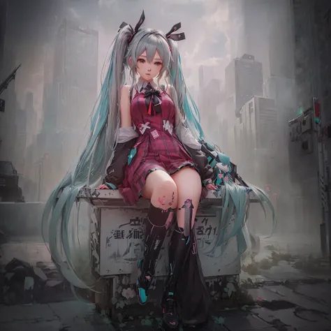 anime girl with long gray hair sitting on a bench in a city, hatsune miku, miku, portrait of hatsune miku, made with anime painter studio, hatsune miku portrait, mikudayo, vocaloid, digital art on pixiv, hatsune miku in warhammer 40k, anime styled digital ...