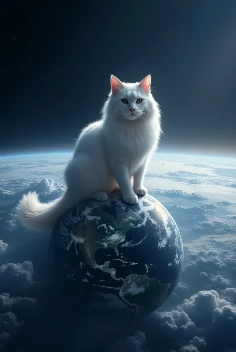 ((лучшее качество)), ((шедевр)), (подробно),    Planet earth, on it is a big cat, a white cat, in space