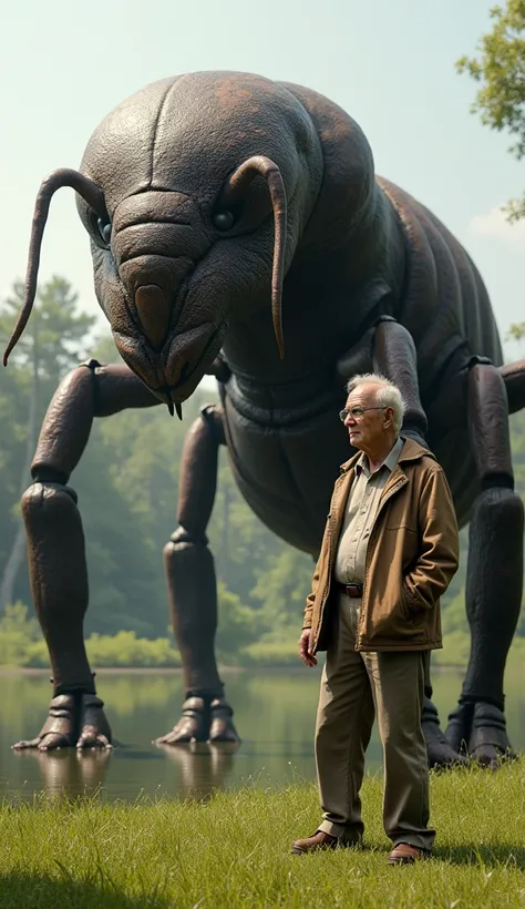 This years photo is a 16k close-up shot of  (ant)(, a prehistoric )(Very fat )( and 10 meters high)  with an old man wearing glasses. The background is a lawn area with a natural pond in the back, calm and cool.,Very high-resolution images see the level of...