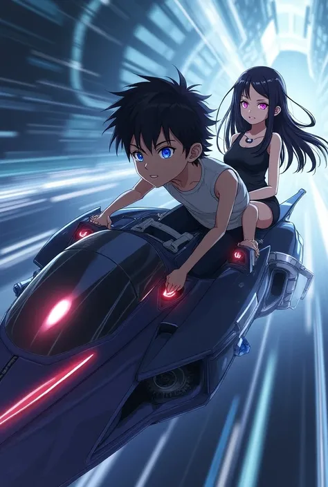 Anime boy hair black eye blue stressed and girl hair black eye pink and exotic rider car