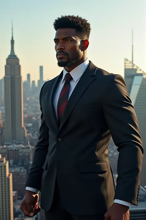  Generate a realistic image of a dark-skinned male attractive athletic thick eyebrows curly black hair formal suit, looking into the distance in a fighting pose and behind an image of New York City  