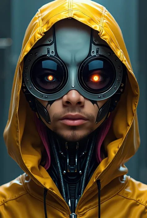  A close up of a robot man with dark glasses,  Gold hoodie over the head ,  portrait of an android , Cyberpunk Dark Illustration, Portrait of a cyberpunk cyborg,  portrait of a space cyborg , Detailed portrait of a cyborg,  cyberpunk style,  Portrait of a ...