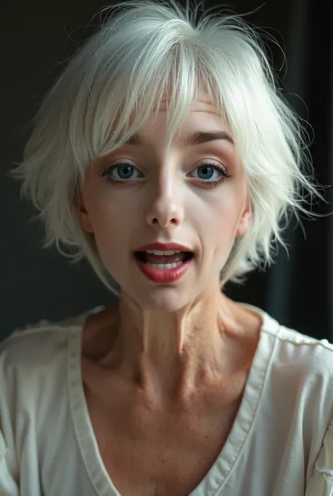 (photorealism:1.5), middle-aged Caucasian woman, (age 45:1.4), ( short delicate body:1.5), (white hair:1.3) (chin-length bobcut:1.3), dark lipstick, (hair over eyes:1.4), (small breasts:1.2), (thick thighs:0,8), (realistically textured (wrinkled:0.95) skin...