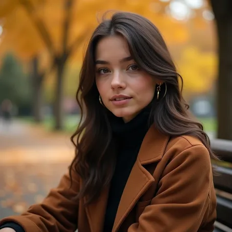 young girl, girl with dark brown hair she has huge tits, have swollen tits perfect female body big breasts perfect female body, big breasts, , is against the background of an autumn landscape in the park, colorful leaves she is wearing a black turtleneck a...