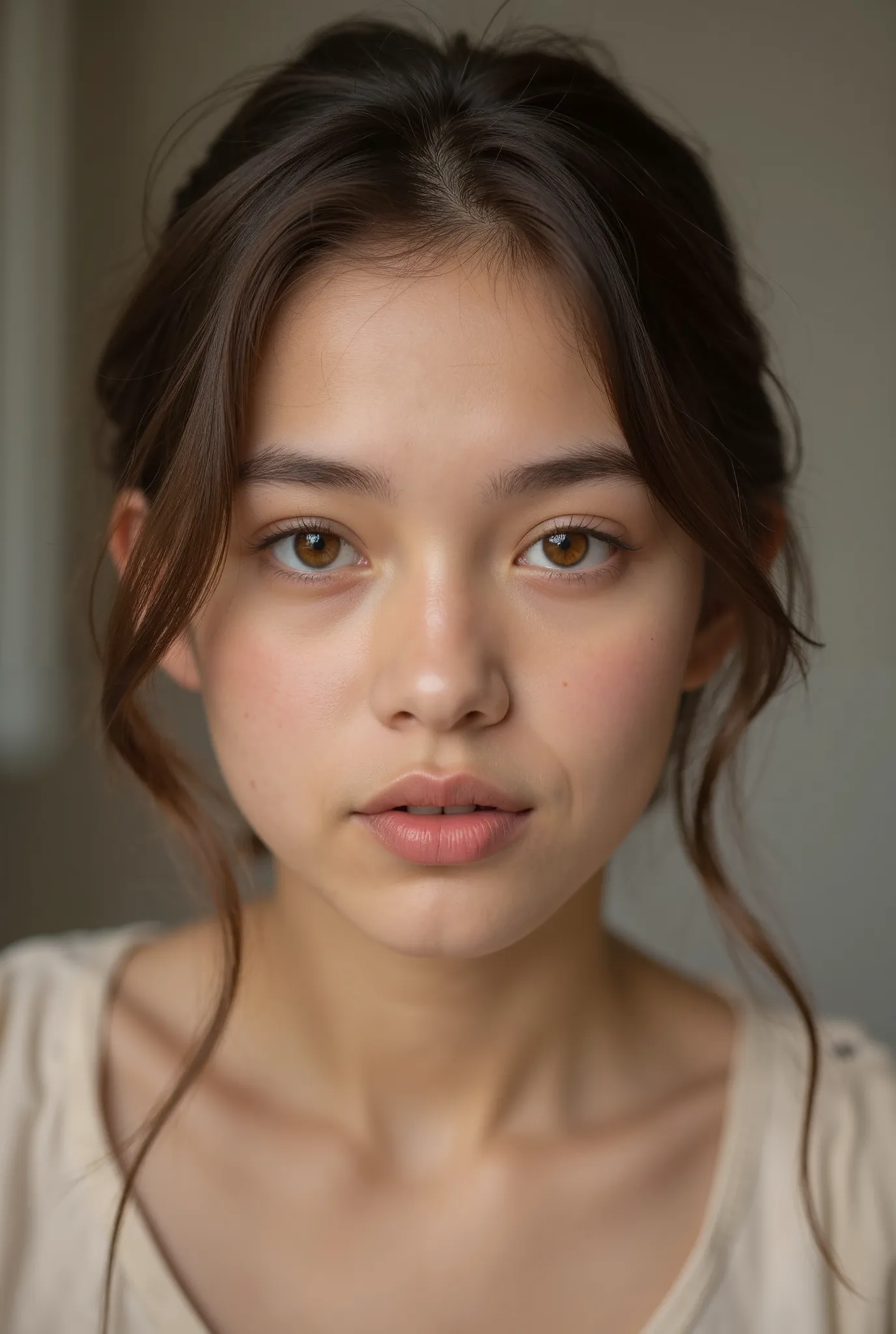 beautiful young girl with brown eyes and plump lips