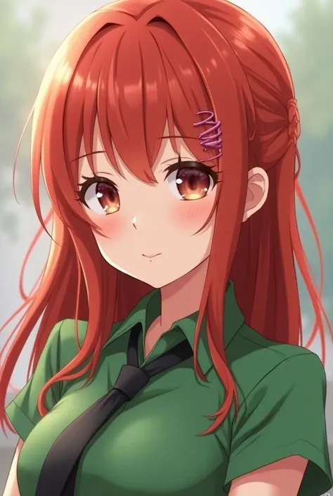 there is a 3D anime girl with red hair and a green shirt and tie, a hyperrealistic schoolgirl, hyperrealistic schoolgirl, photorealistic anime, realistic schoolgirl, anime girl in real life, portrait of asuka langley soryu, realistic cosplay, anime girl co...