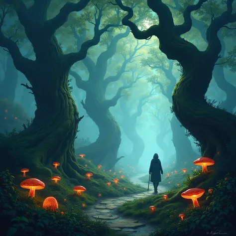 A digital painting of a mystical forest with luminous flora and glowing fungi, featuring ancient trees with gnarled branches and winding paths disappearing into the mist, with a mysterious traveler following one of the paths.