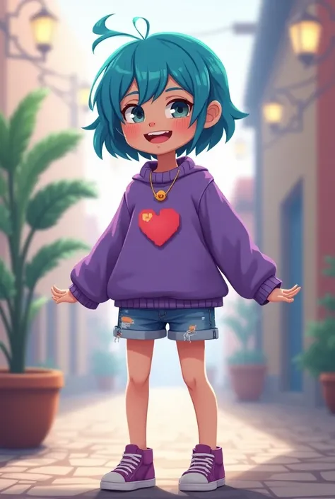 Slim girl with short blue hair with a heart pin in her hair with a heart necklace and a short purple sweater with a heart in the center with ripped denim shorts doing a cheerful pose with purple pixel art style sneakers