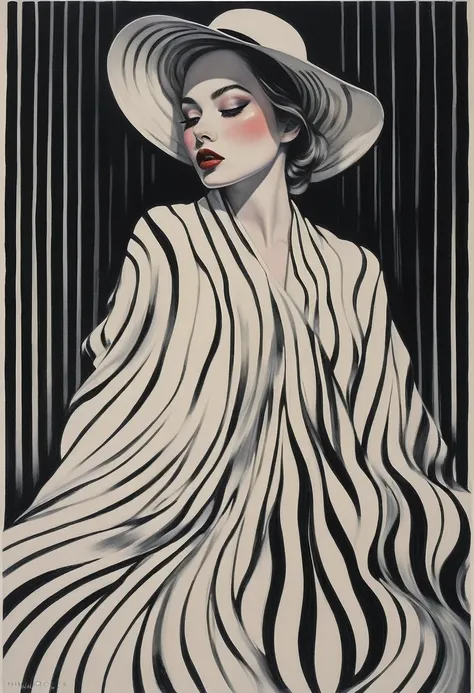 chiaroscuro technique on sensual illustration of an elegant  glamour a girl with elegant hat black and white barcode generates the subtitles, vintage beauty, eerie, the model draped in flowing, thick oil painting, by Hannah Dale, by Harumi Hironaka, extrem...