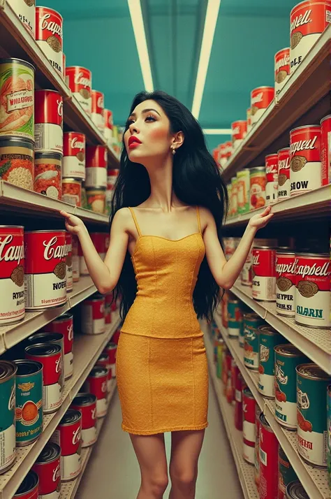 Description:**  Imagine a work that combines graphic elements inspired by pop art and contemporary surrealism .  The piece could be a digital collage that represents a supermarket with everyday products  (like soup cans )  but with human figures that have ...