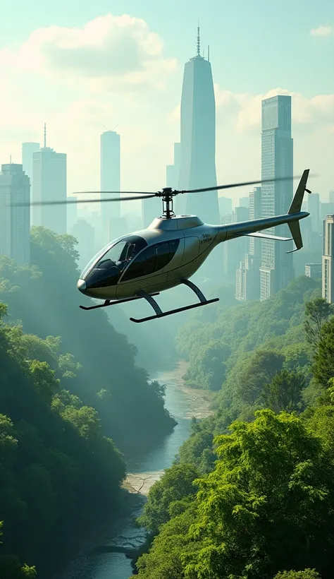 Concept of an eco-friendly helicopter with hybrid-electric technology, futuristic design, environmental theme, flying over a cityscape with lush greenery, minimal emissions, sleek and modern aesthetic