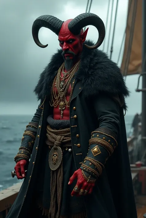 Create an image of a charismatic and fierce Tiefling pirate lord inspired by Russian folklore. He stands confidently on the deck of a ship amidst stormy seas, with deep crimson skin and imposing black, curved horns adorned with intricate gold jewelry, emph...