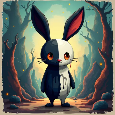 An illustration of a stylized bunny character. 


The bunny is placed on the ground where behind it is a magical landscape with lots of color.  The background colors are muted, giving a dramatic but stylized effect.


The bunny is black and white, with a c...