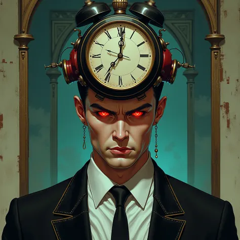 there is a picture of a man with a tie and a clock on his head, jamie hewlett art, by Jamie Hewlett, inspired by Jamie Hewlett, handsome guy in demon slayer art, molly from neuromancer, beautiful female neuromancer, laurie greasley and james jean, chris ba...