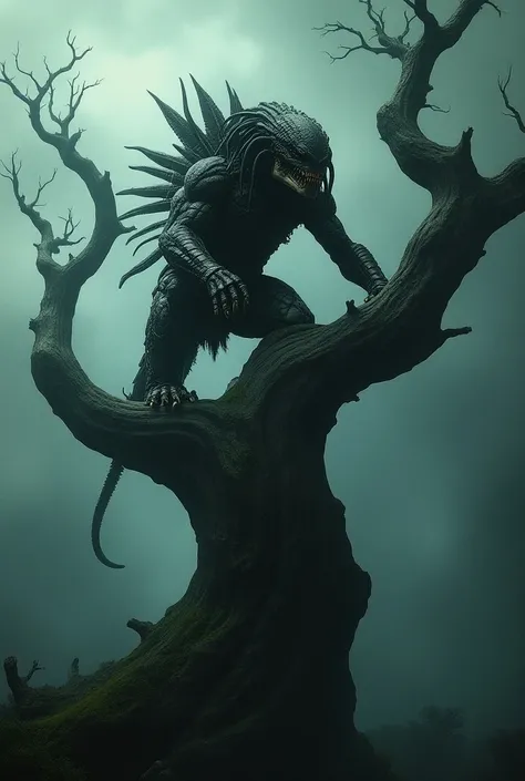 A super mega-predator  ( from the movie Predato )  on top of a scary tree