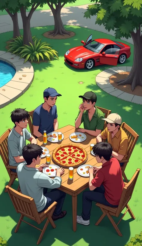 A GROUP OF FIVE FRIENDS ARE IN A GREEN, WELCOMING GARDEN. THE FIVE BOYS ARE SITTING AROUND A WOODEN TABLE, LIKE A GARDEN TABLE. IN THE BACKGROUND, YOU CAN SEE A SWIMMING POOL NEARBY AND A CAR PARKED ON THE SIDEWALK THAT SURROUNDS SOME PARTS OF THE YARD, WI...