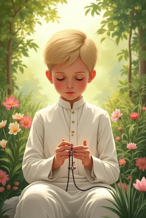  Illustration of a blond boy in his first communion, con the rosary en sus manos, the rosary, sitting in the garden 