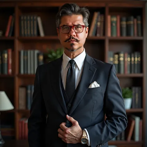 An elegant and imposing man, 45 years old, Brazilian, with a handlebar mustache, red-framed glasses, is standing in front of the camera. He wears a well-cut, haute couture suit., with meticulous attention to detail. Your hair is perfectly done, displaying ...