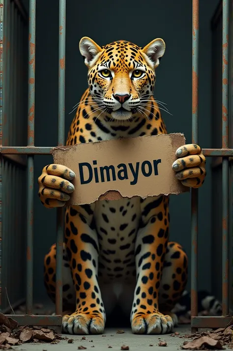 A caged leopard with a sign that says Dimayor