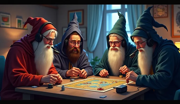  Create a table with several wizards talking, They have a microphone and headset , eles sao gamers e nerds , one of them has glasses , Theyre playing board game 