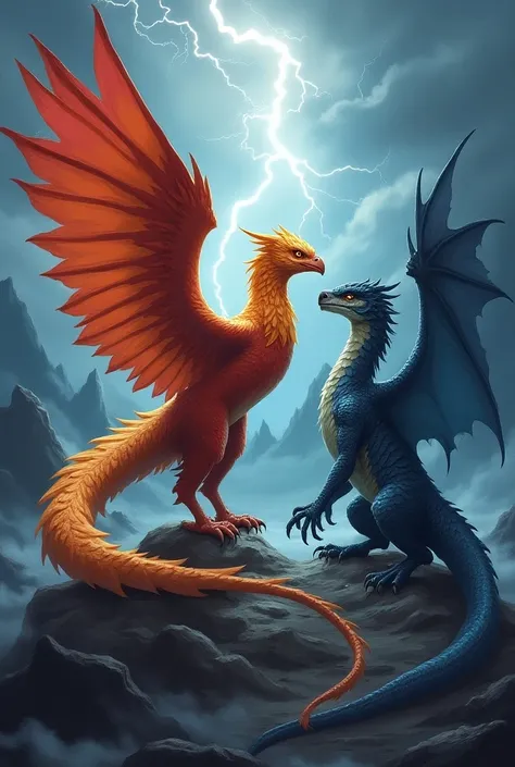 Create an image featuring a thunderbird and a dragon side by side, highlighting their unique characteristics while emphasizing their shared properties.

On the left, depict a powerful thunderbird with large, vibrant wings spread wide, showcasing an array o...