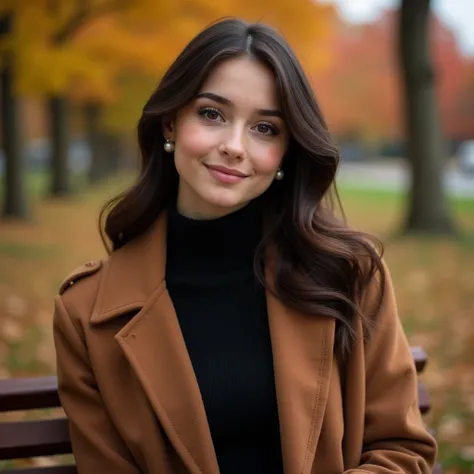 young girl, girl with dark brown hair she has huge tits, have swollen tits perfect female body big breasts perfect female body, big breasts, , is against the background of an autumn landscape in the park, colorful leaves she is wearing a black turtleneck a...