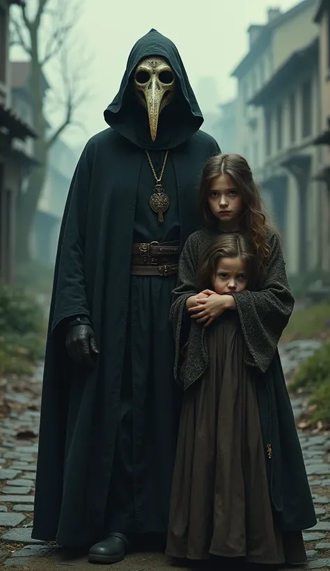 A plague doctor with his daughter and wife