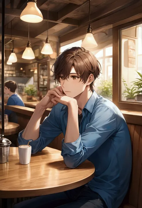  A character of approximately 30 years old ,  with short brown hair and brown eyes , You are sitting in a cafe , THOUGHTFUL,  while listening to a friend speak .  He is wearing a casual blue shirt and dark jeans , demonstrating reflection.  The café enviro...