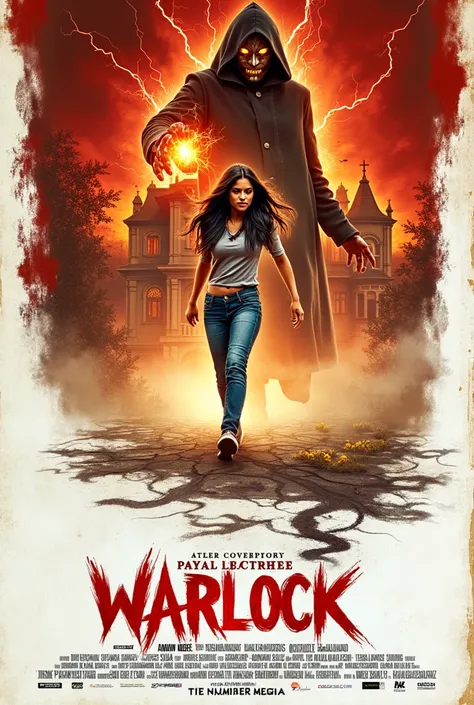 A dramatic Bollywood movie poster "warlock" featuring Payal Chatterjee, a stunning Bengali actress with flowing black hair, dressed in a casual outfit of jeans and a fitted t-shirt. She is running in the foreground, illuminated by a blend of eerie blue and...