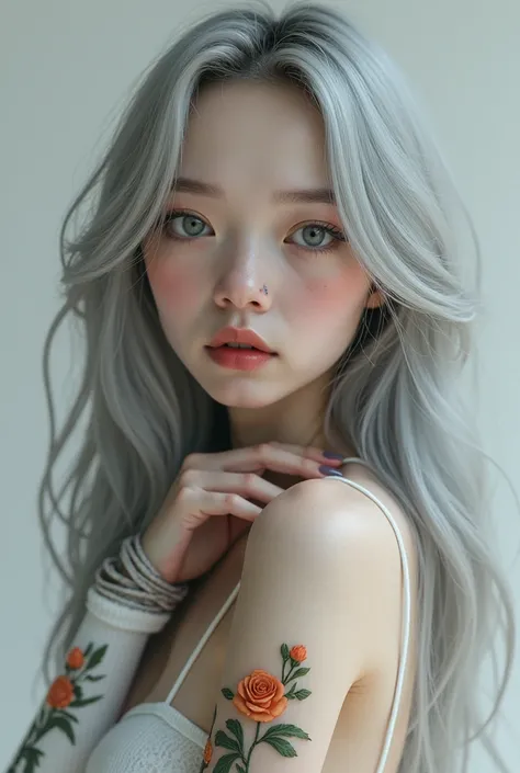  
woman , curly long hair grey ,her face soft 3D ,influencer, robot , flowers tattoo hand from arm , wear top black and jean portraittes encadrant délicatement sa forme délicate. selfie