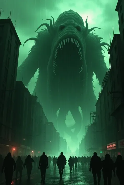 Create a city with buildings , people running around in Scream looking up at the sky  .  And a giant kraken with an open mouth and sharp teeth who is a universal and demonic god , swallowing everything. 
night , raining.
 The colors black white and green h...