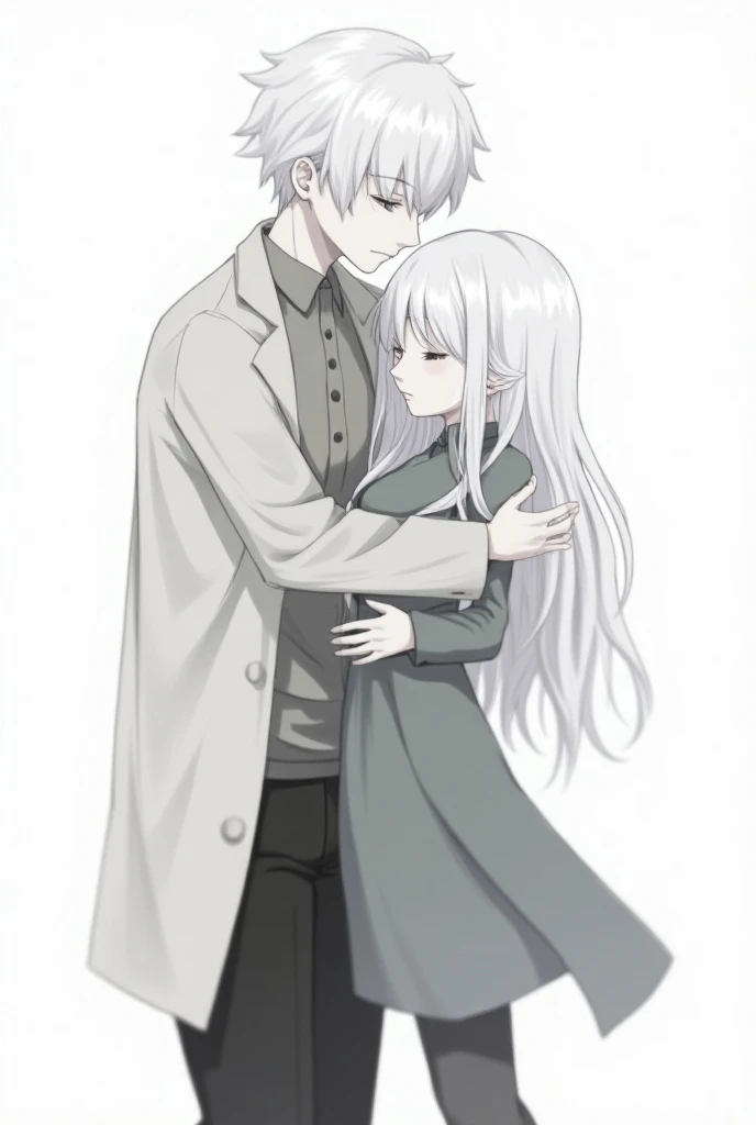  in anime style.  A white-haired boy was wearing a trench coat and pants was hugging a girl.

The girl wore a long sleeve shirt and pants and long white hair

In black and white