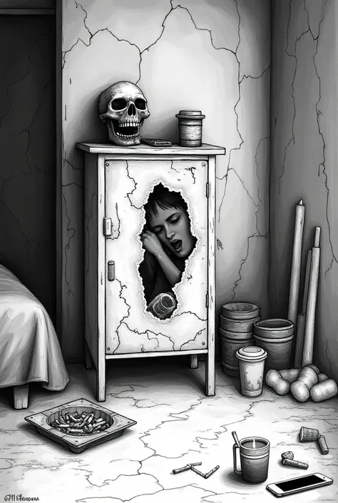 Easy black and white drawing with a cracked cabinet with a skull placed on the left side. in the center,  a modern mirror with a metal frame, reflétant une personne affalée tenant une télécommande. On the right-hand side,  an ashtray with butts , a smartph...