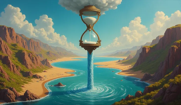  surrealist painting style, an hourglass draining water from the ocean in a valley that runs towards the desert
