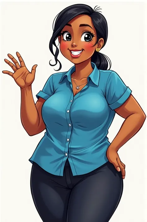 chubby woman, In BROWN skin color , black eyes,  hair tied back in the color black ,  she is smiling and waving her hand,  with short sleeve blue blouse ,  and compressed black pants , in drawing format.