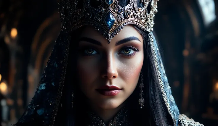 a dark queen, beautiful detailed eyes, beautiful detailed lips, extremely detailed face, dramatic dark makeup, dramatic lighting, dark and moody atmosphere, enchanting expression, intricate crown, powerful presence, dramatic chiaroscuro, cinematic composit...