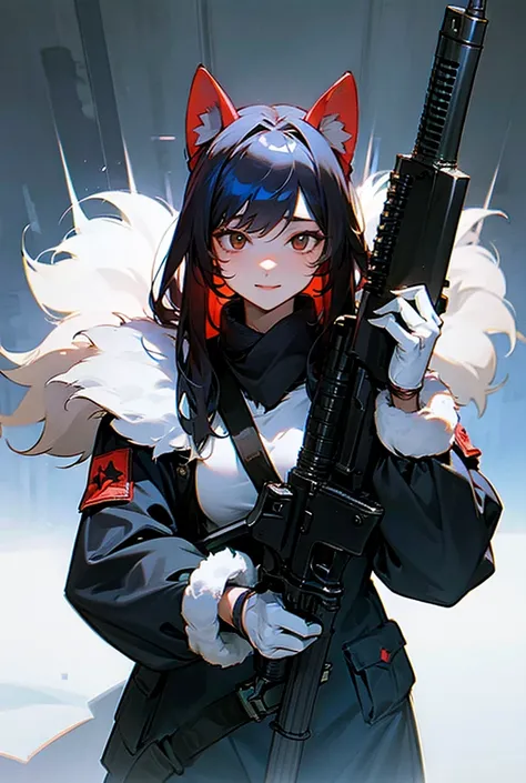 Furry sexy fluffy soldier with an AK 47 gun in her hand,