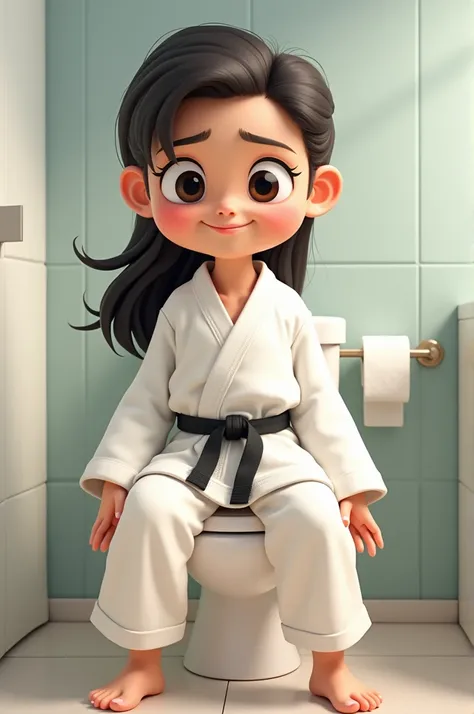 An animated woman in a Hiyan Taekwondo suit is sitting on the toilet and pooping