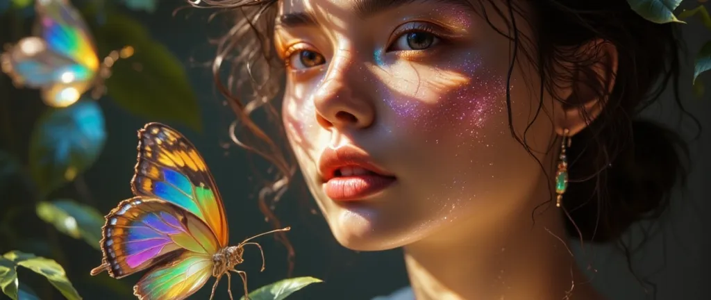 A dreamy composition featuring a young stunning elegant woman with flowing black smoke hair,(( she has multicolor rainbow skin)) ((looking at a magestic multicolor butterfly), (intense look and dark eyes, light smile). ((On one side, the bold letters "IA" ...