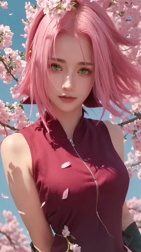 Beautiful girl with pink hair and green eyes standing front of a tree, haruno sakura, sakura haruno, beautiful girl with green eyes, beautiful girl with short hair, beautiful girl with pink hair 