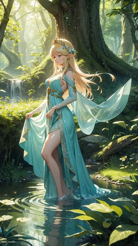 In a mesmerizing fantasy realm, an ethereal elf-like maiden strums a delicate harp, her enchanting melody harmonizing with the whispers of nature. With long, flowing blonde hair adorned with a crown of flowers and leaves, she embodies the essence of the ve...