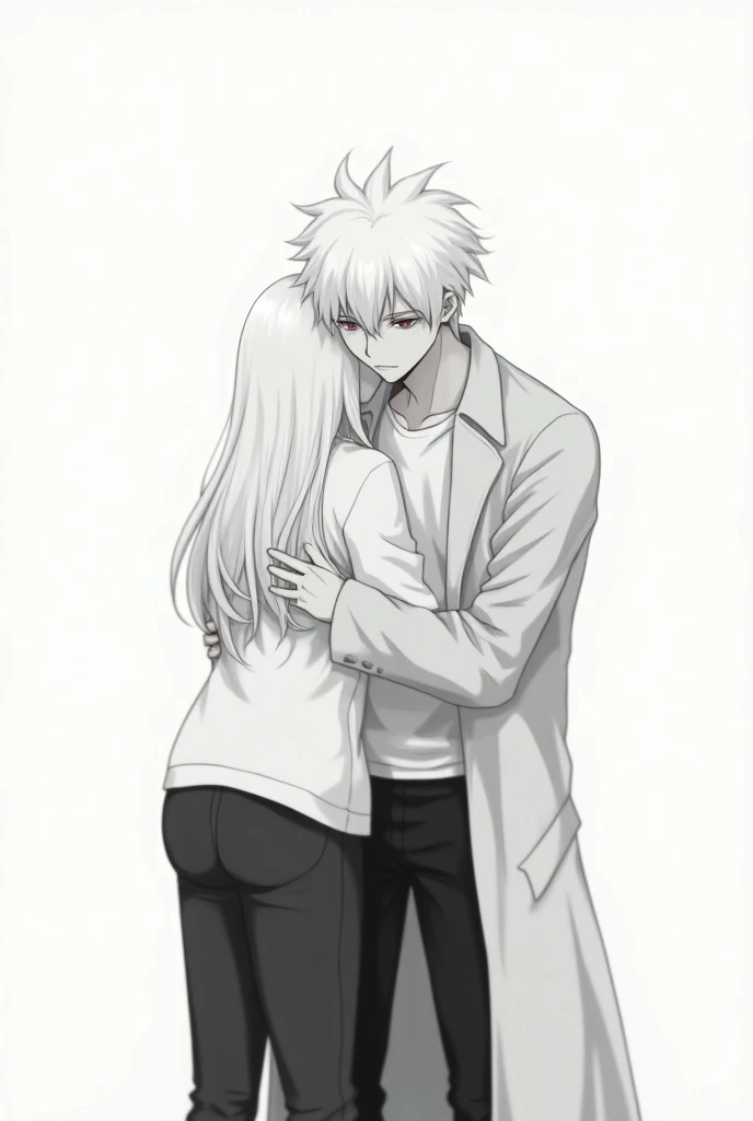  in anime style.  A white-haired boy was wearing a trench coat and pants was hugging a girl.

The girl wore a long sleeve shirt and pants and long white hair

In black and white