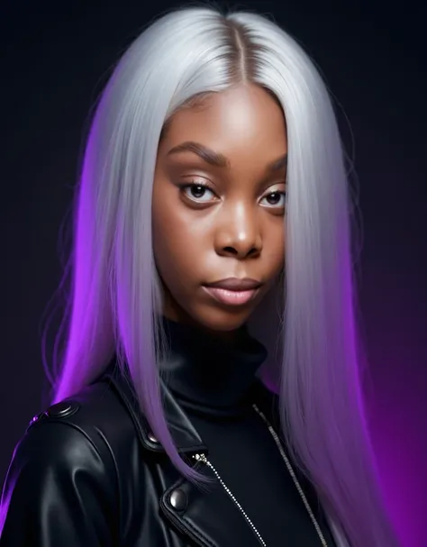 A high-resolution, ultra-detailed face portrait of a beautiful young woman with bone-straight hair in a striking white-to-purple gradient. The background is a sleek, dark gradient—black fading into deep violet—that complements her hair. She wears a modern,...