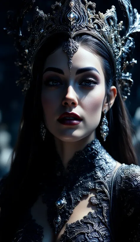 a dark queen, beautiful detailed eyes, beautiful detailed lips, extremely detailed face, dramatic dark makeup, dramatic lighting, dark and moody atmosphere, enchanting expression, intricate crown, powerful presence, dramatic chiaroscuro, cinematic composit...