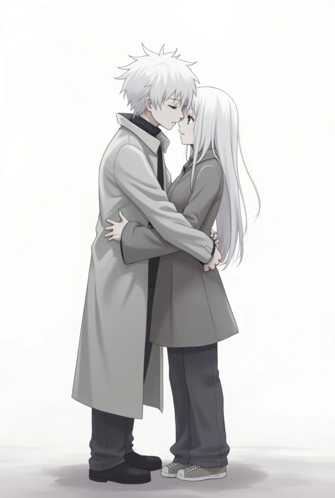  in anime style.  A white-haired boy was wearing a trench coat and pants was hugging a girl.

The girl wore a long sleeve shirt and pants and long white hair

In black and white