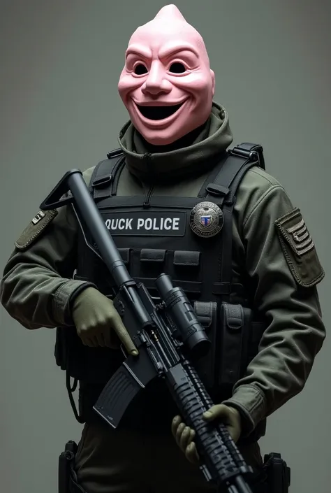  Create an image of a policeman wearing a uniform with a rifle and a ballistic vest,  this cop is a member of the American special forces, The
This cop has a happy ice cream mask on his face