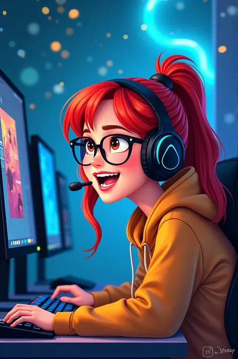 Draw in Disney style , a woman with red hair fair skin brown eyes ,  wearing glasses and a gaming headset having a lot of fun and playing on several computers 