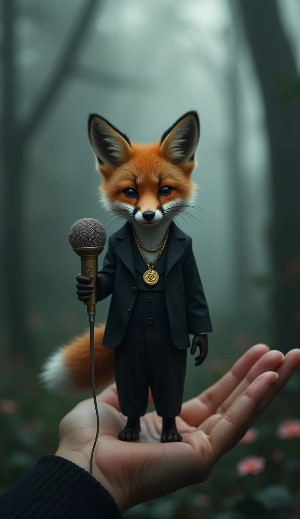 Create an image of a small, sophisticated fox with an expressive face, wearing a tailored dark suit that adds a refined, almost human-like elegance. The fox is adorned with layered necklaces, one of which includes a round, gold pendant, adding a touch of s...